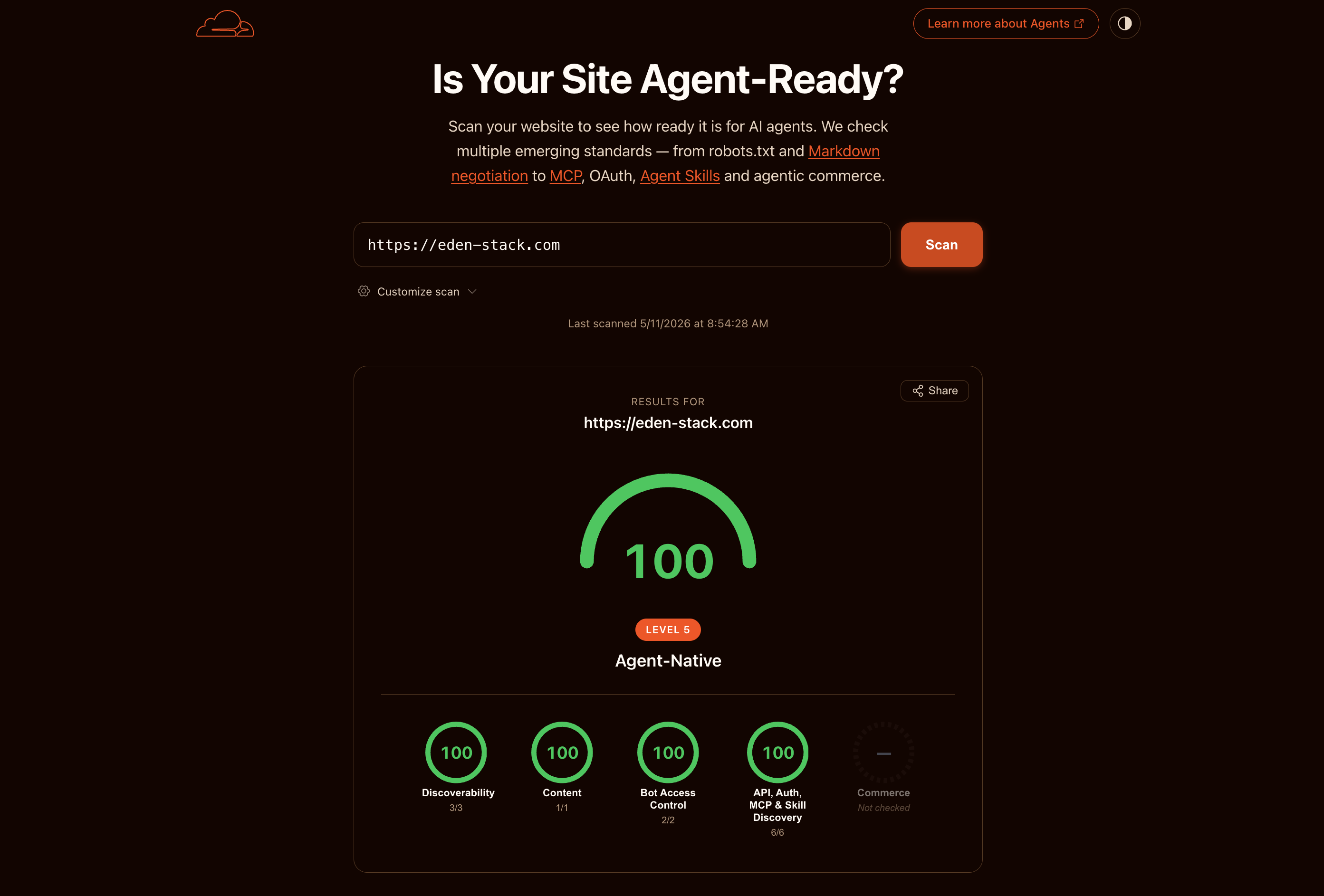 Eden Stack scores 100/100 on Cloudflare's isitagentready.com scan, reaching the highest Level 5 Agent-Native tier.